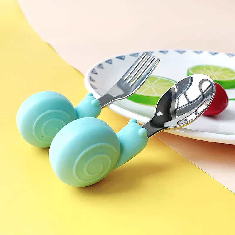 Hippo Snail Whale Silicone Baby Spoon and Fork 316 Stainless Steel Utensil Set Learn To Eat Tableware Baby Infant Food Feeding