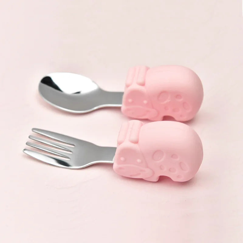 Hippo Snail Whale Silicone Baby Spoon and Fork 316 Stainless Steel Utensil Set Learn To Eat Tableware Baby Infant Food Feeding