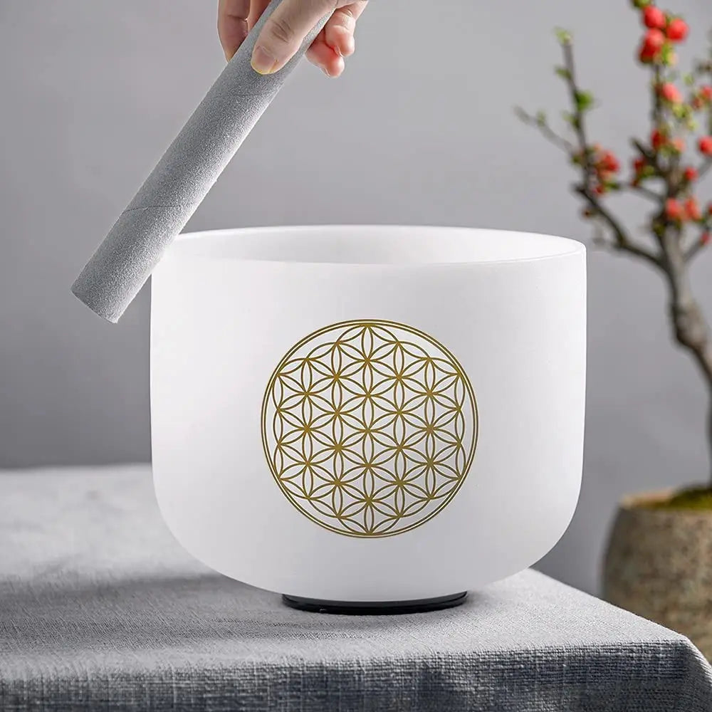 KVKA 8 Inch C Note 528Hz Life of Flower Design Chakra Frosted Quartz Crystal Singing Bowl with Free Mallet