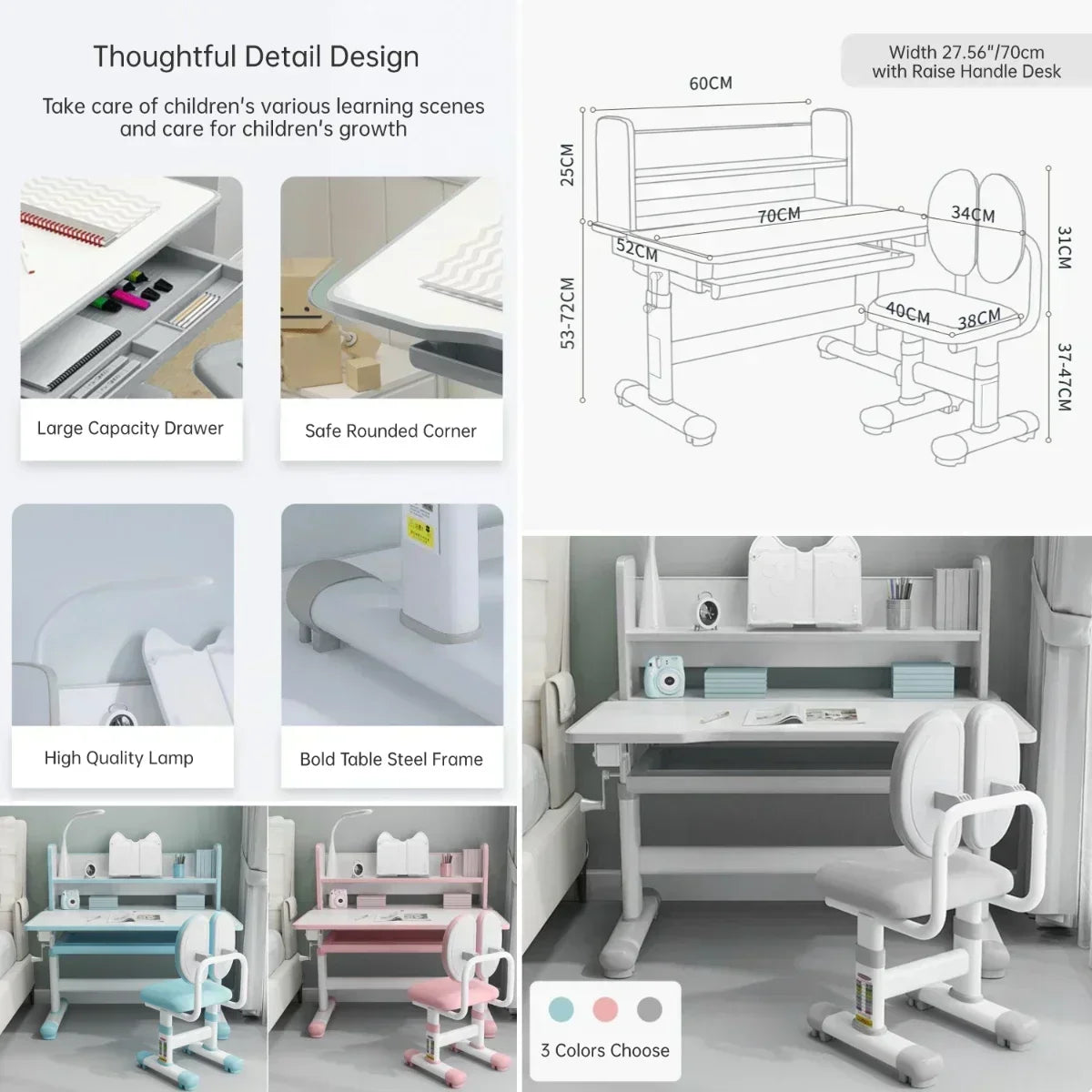Kids Desk and Chair Set Height Adjustable, Children Study Table with Tilt Desktop, School Functional Writing Desk with Drawers