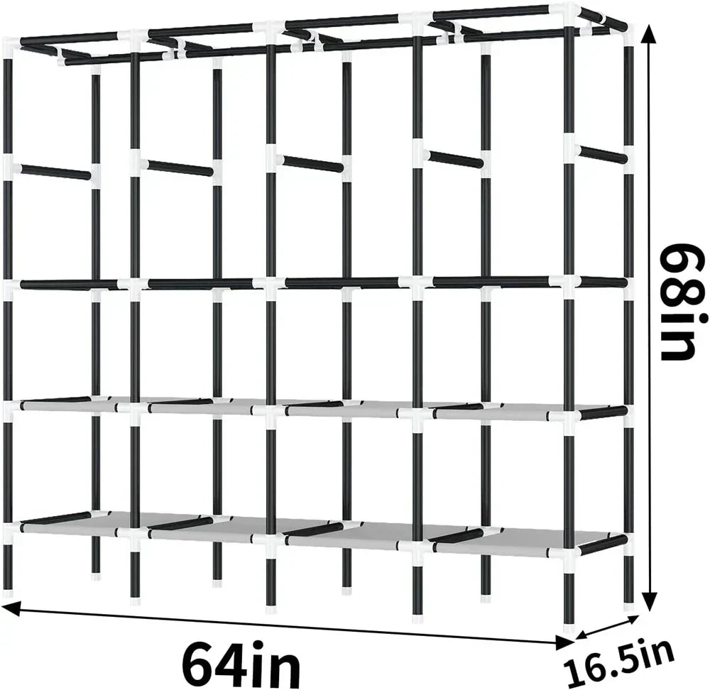 LEEGOHOME Closet Wardrobe 64in 163x42x170cm Wardrobe Steel Fabric Closet Clothes Hanging with 8 Storage Shelves & 4 Hanging Rods