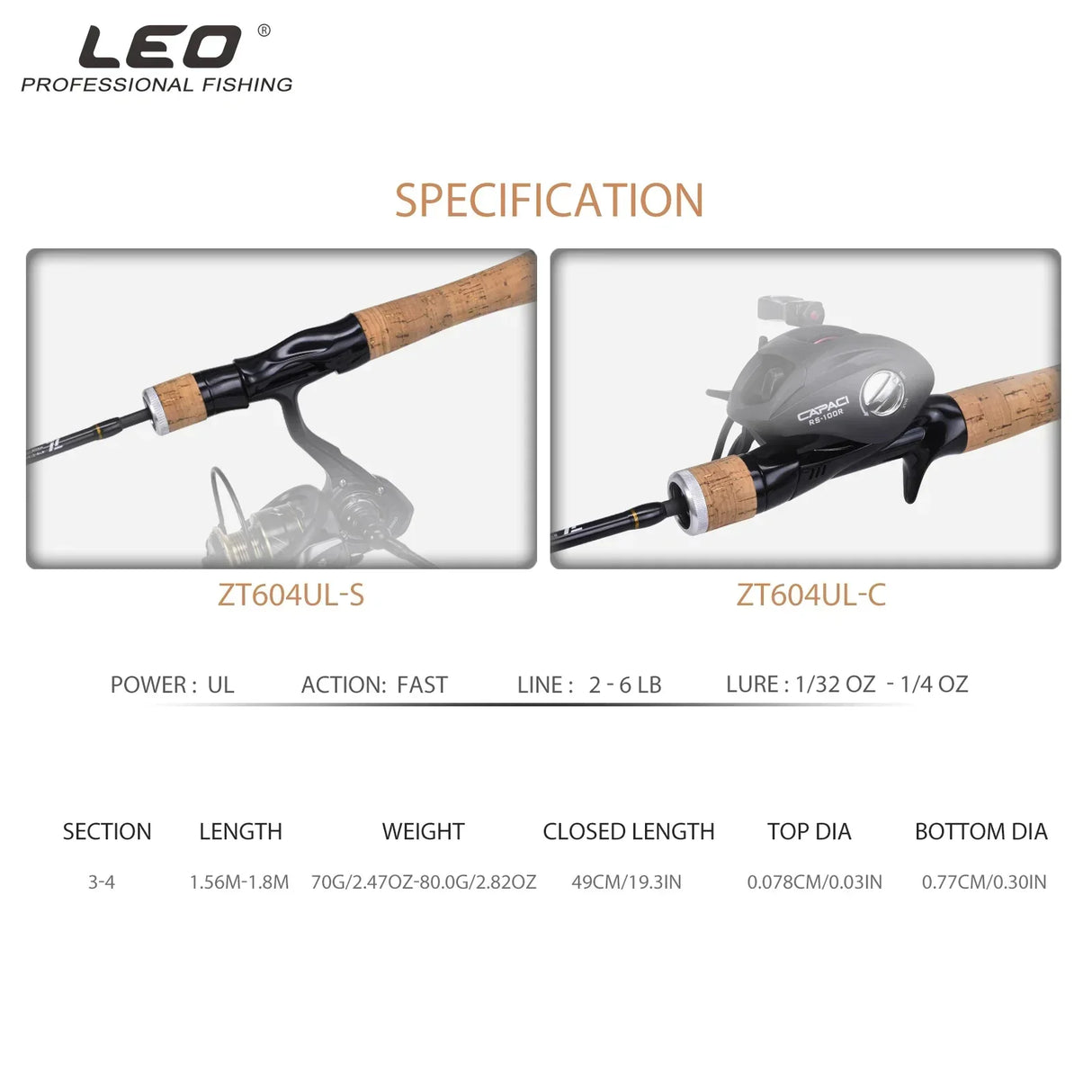 LEOFISHING Carbon Lure Spinning Casting Fast UL Bait 4+1 523/604 Ultra Lightweight Fishing Rod 1.56M&1.8M Fishing Accessories