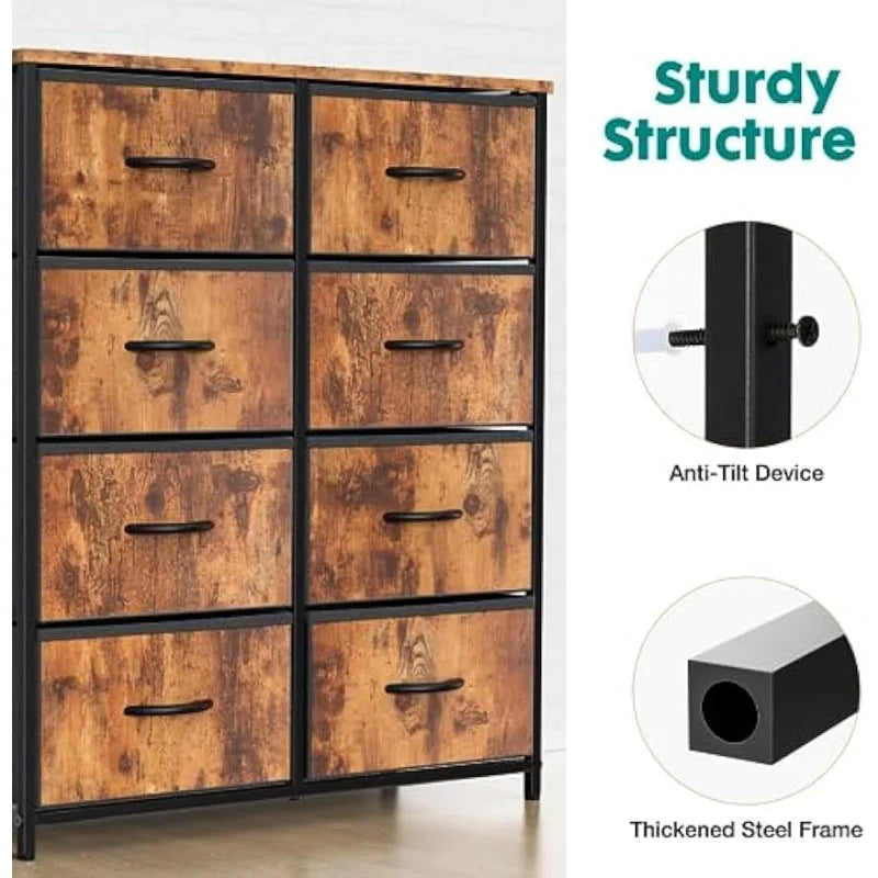 OLIXIS Organizer Storage 8, Chest of Drawers with Fabric Bins, Tall Dresser with Wood Top for Bedroom(Brown/Black)optional