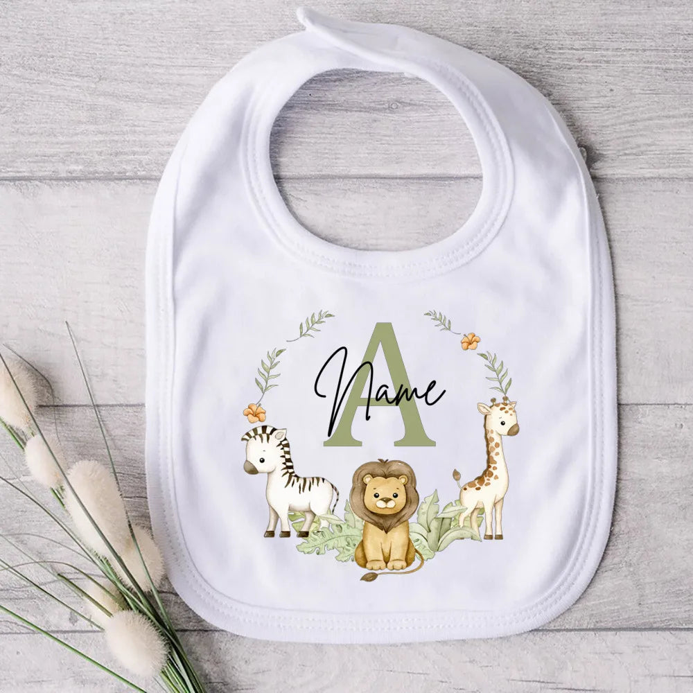 Personalised Baby Bib Safari Animals Bibs Initial with Name Newborn Wild One Birthday Gifts Infant Saliva Towel Baby Shower Gift