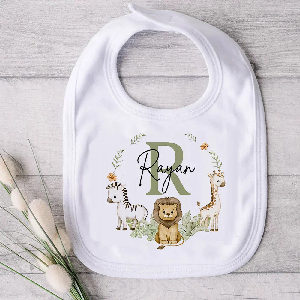 Personalised Baby Bib Safari Animals Bibs Initial with Name Newborn Wild One Birthday Gifts Infant Saliva Towel Baby Shower Gift