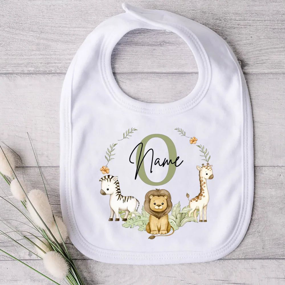 Personalised Baby Bib Safari Animals Bibs Initial with Name Newborn Wild One Birthday Gifts Infant Saliva Towel Baby Shower Gift