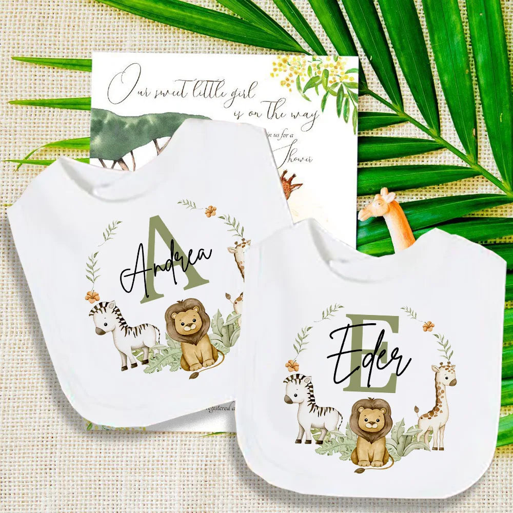 Personalised Baby Bib Safari Animals Bibs Initial with Name Newborn Wild One Birthday Gifts Infant Saliva Towel Baby Shower Gift