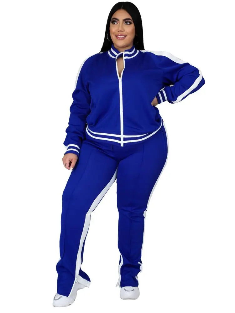 Plus Size L-5XL Two Piece Set Women Sweatsuit Zip Striped Top Slit Sweatpants Jogger Outfit Matching Set Wholesale Dropshipping
