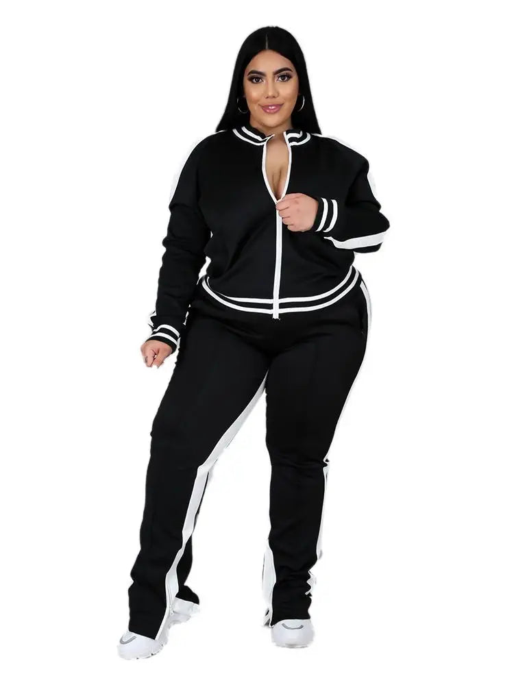 Plus Size L-5XL Two Piece Set Women Sweatsuit Zip Striped Top Slit Sweatpants Jogger Outfit Matching Set Wholesale Dropshipping
