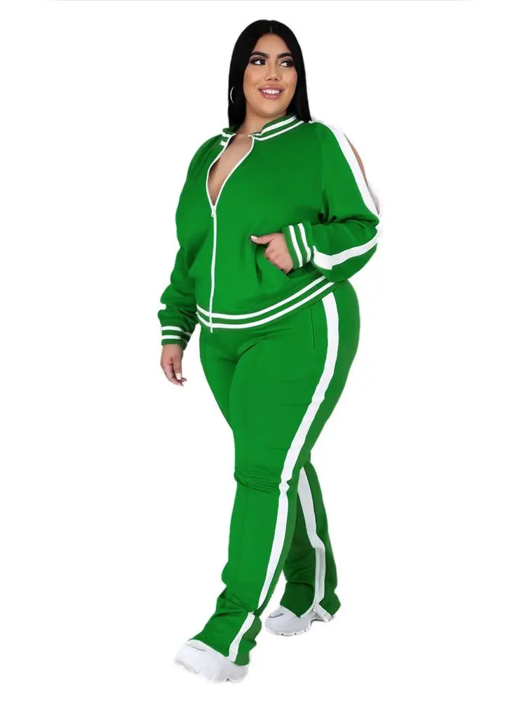 Plus Size L-5XL Two Piece Set Women Sweatsuit Zip Striped Top Slit Sweatpants Jogger Outfit Matching Set Wholesale Dropshipping