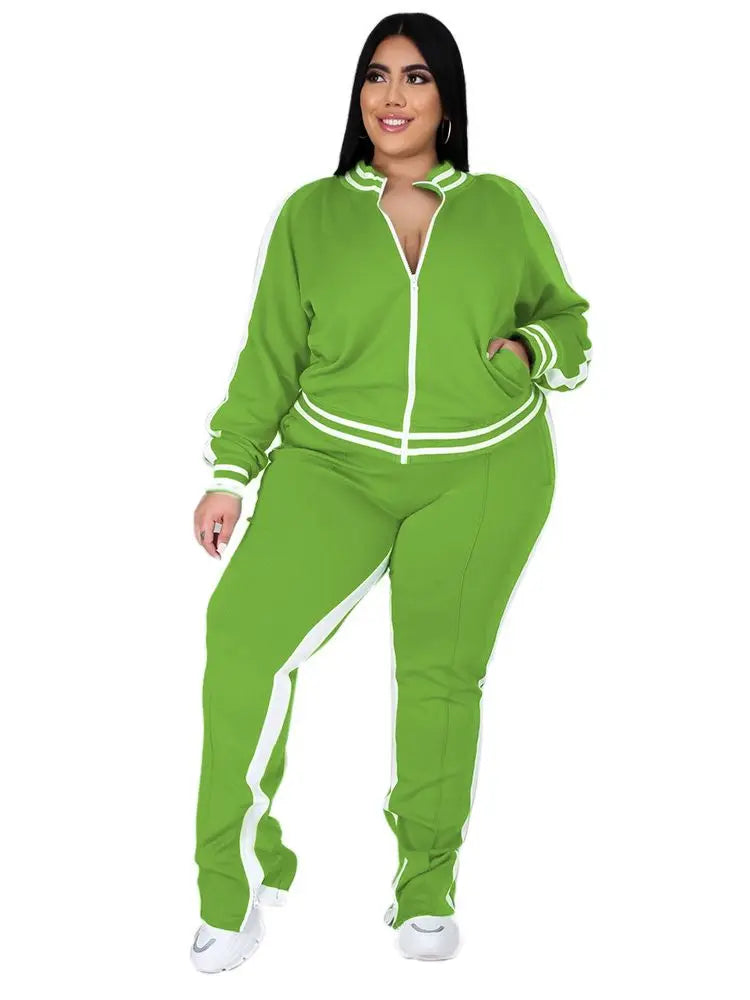 Plus Size L-5XL Two Piece Set Women Sweatsuit Zip Striped Top Slit Sweatpants Jogger Outfit Matching Set Wholesale Dropshipping