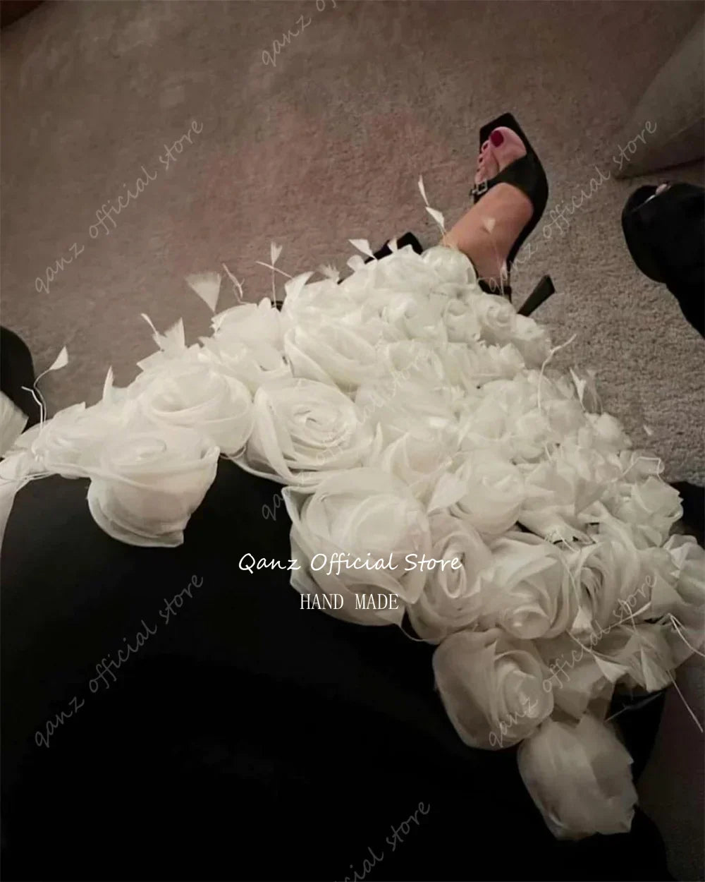 Qanz Luxury Saudi Arabia Evening Dresses Full Sleeves Satin Flowers Formal Occasion For Women Long Train Abendkleider Luxus 2024