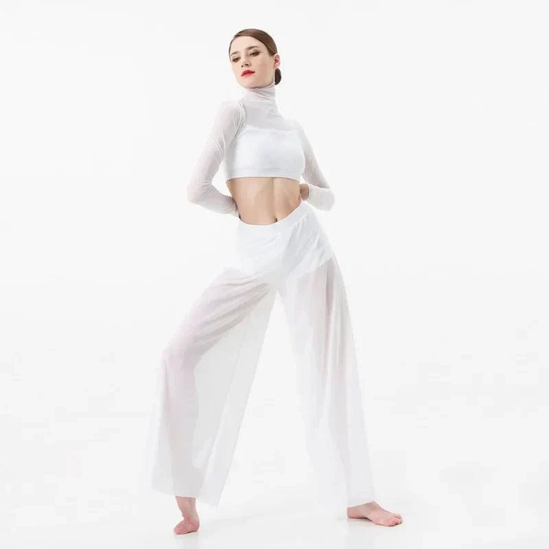 Dance Suit Women Elegant Classical Modern Contemporary Lyrical Dance Practice Mesh Tops Pants Suit Ballet Performance Wear