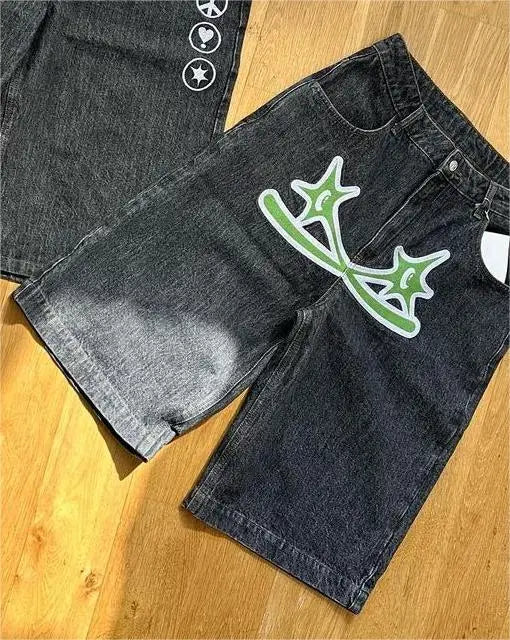 Y2k Hip Hop Vintage Loose Jorts Harajuku Streetwear Summer Punk Rock Letter Embroidery Fashion Denim Shorts Men Clothing