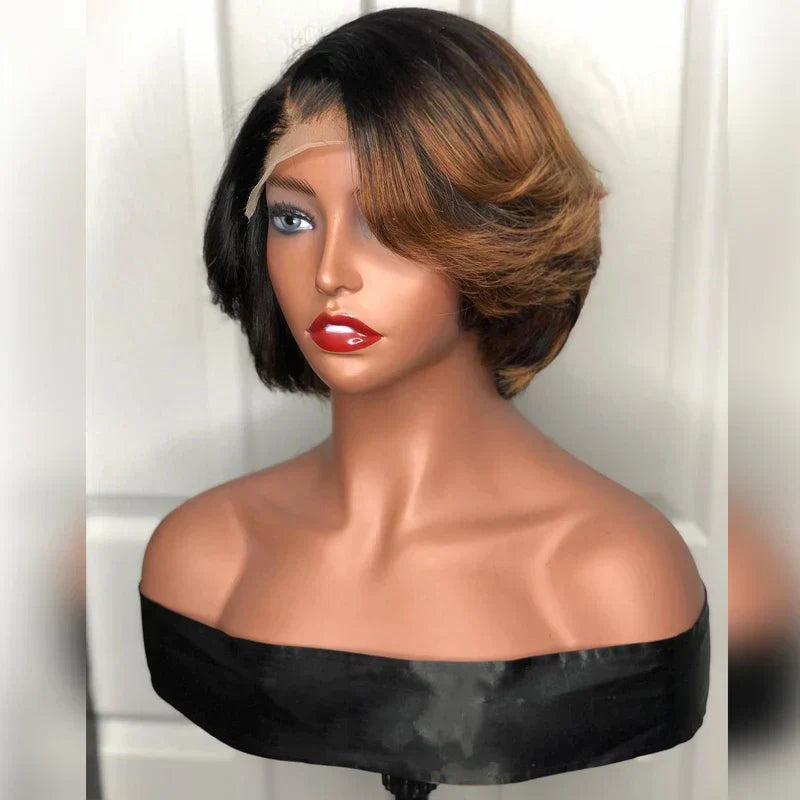 Short Bob Honey Blonde Ombre Colored Wig Straight 13X4 Lace Front Human Hair 4X4 Closure Frontal Wigs For Black Women Prepucked