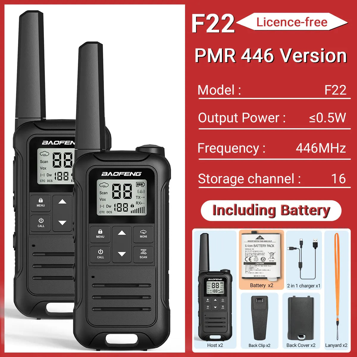 (Pack of 2) Baofeng F22 Walkie Talkie Portable Mini Communication Radio Profesional PMR446 /FRS Talkie Walkies Transceiver Radio