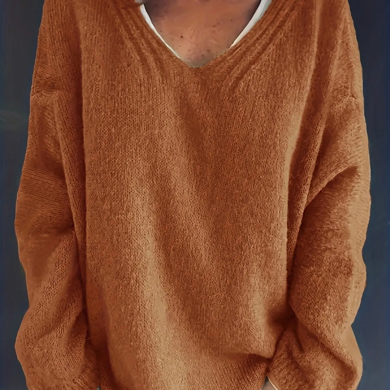 Plus Size Casual Sweater, Women's Solid Long Sleeve V Neck High Stretch Loose Fit Pullover Jumper,Autumn & Winter Tops