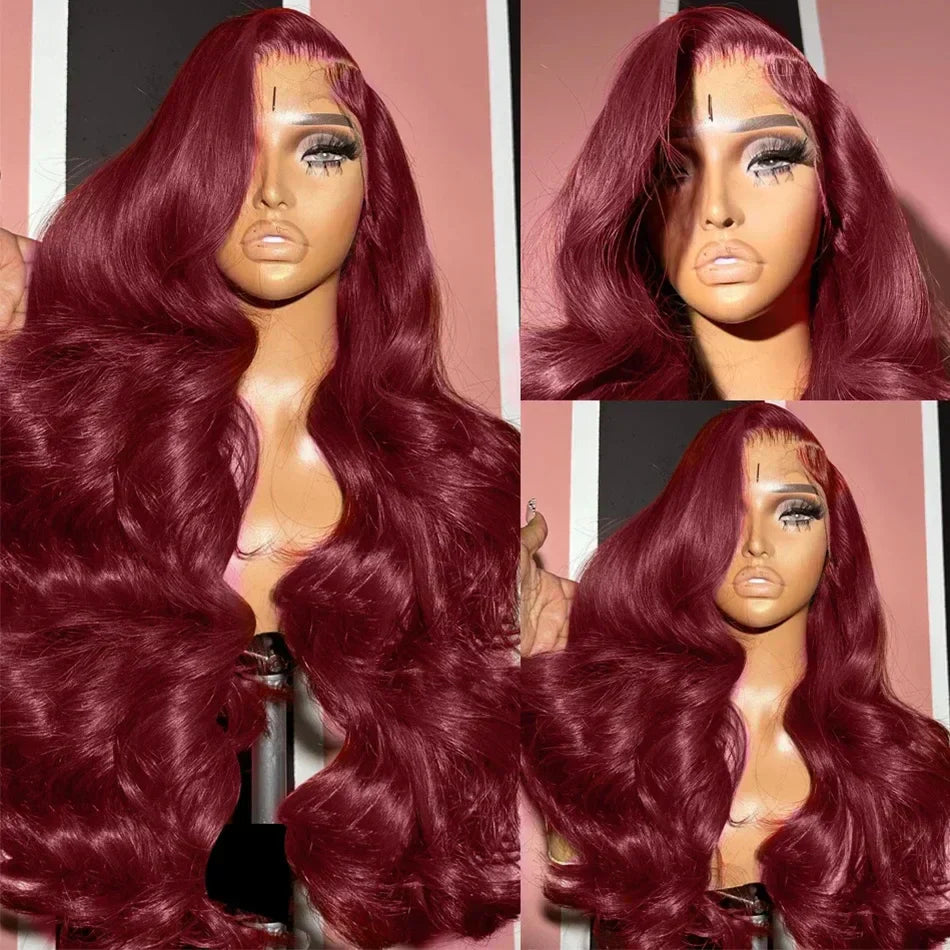 Tewjig 250 Density 99J Burgundy 13x6 Lace Frontal Wigs Remy Body Wave 30 40 Inch HD Transparent Human Hair Wigs For Women