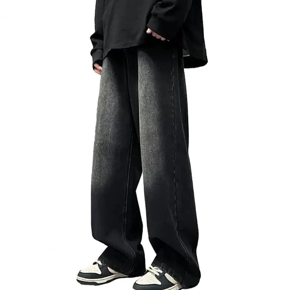 Men Jeans Gradient Contrast Color Wide Leg Loose High Street Retro Hip Hop Straight Full Length Pockets Button Zipper Closure Me