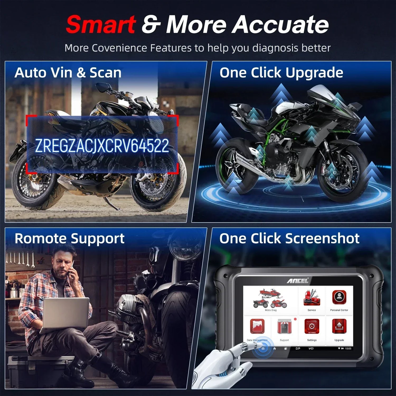 ANCEL MT700 OBD2 Motorcycle Scanner Full System Diagnostic Tool Oil Rest ABS Bleeding ECU Coding Active Test for Motorcycle