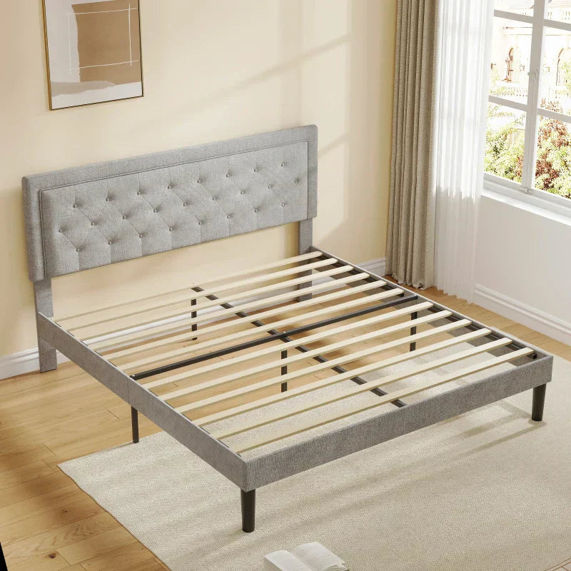 Light Grey Bed Frame with Adjustable Border Headboard King/Queen/Full Size,Bedroom double bed, adult and adolescent bed