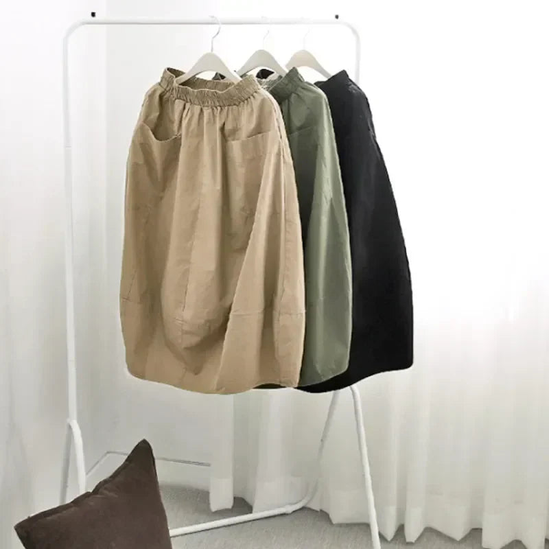 Plus Size 2023 Autumn 4XL Loose Women's Skirt Casual Big Pockets Lady Skirts Elastic Waist Female Bottom Clothing Skirts KT109