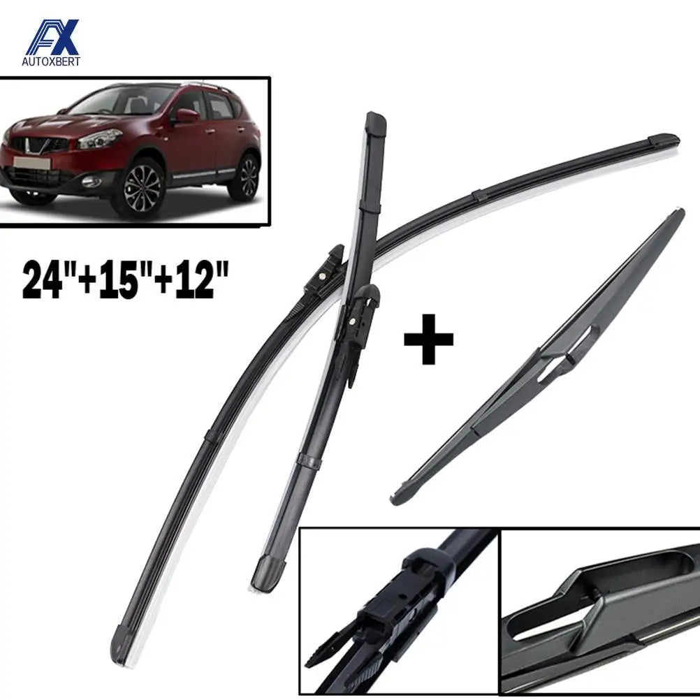 Set Front & Rear Wiper Blades For Nissan Qashqai J10 2006 2007 2008-2013 Windshield Windscreen Front Rear Window 24"+15"+12"