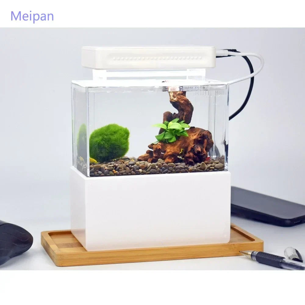 Portable Mini Betta Fish Tank Aquarium Desktop Decorations Marine Aquaponic Fishes Bowl With Water Fliter USB Air Pump LED Light