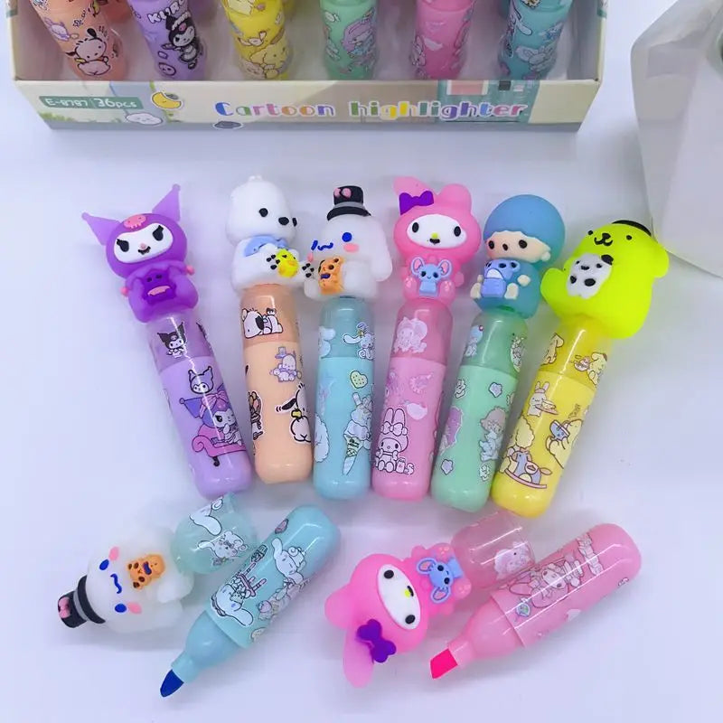 (Pack of 36) Sanrio 18/ Multi-color Marker Cute Cartoon Mini Fluorescent Pen Creative Students Draw Key Paint Marker Pen Stationery Gift
