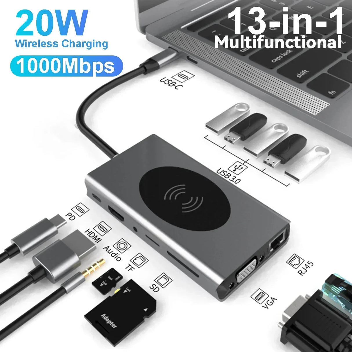 USB C HUB 20W Wireless Charging 1000M RJ45 Network Port USB 3.0 HUB Dock Station Type C to HDMI-compatible Adapter USB Splitter
