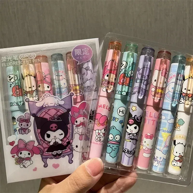 (Pack of 12) Sanrio 6/ Highlighter New Lolita Series Hello Kitty Kuromi Cute Graffiti Painting Pens Classroom Markers Student Stationery