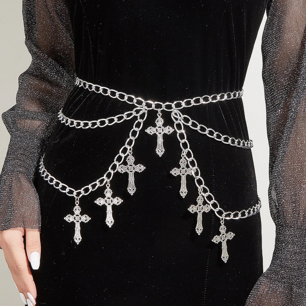 Alloy hollowed out cross pendant with wavy side swing waist chain and sexy multi-layer body chain