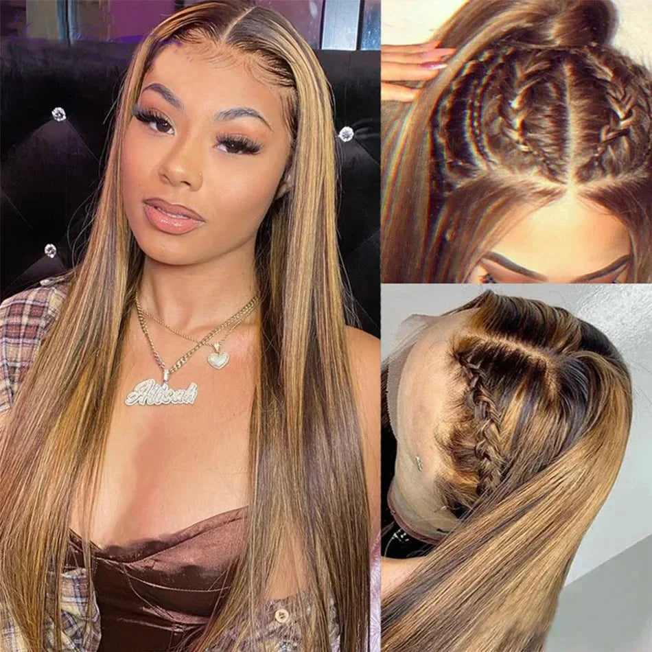 Tewjig Highlight Ombre Hair 30x40 inch 13x6 Lace Front Human Hair Wig For Women 250 Density 13X4 Bone Straight Full Lace Frontal