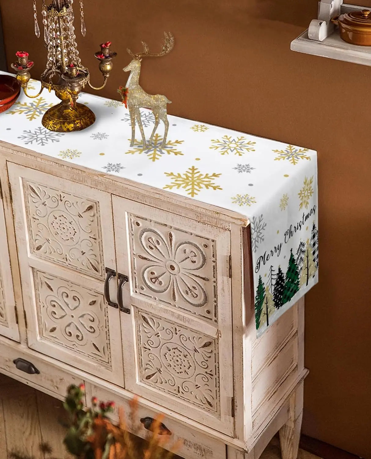 Christmas Snowflake Forest Linen Table Runners Dresser Scarves Table Decor Winter Xmas Dining Table Runners Christmas Decoration