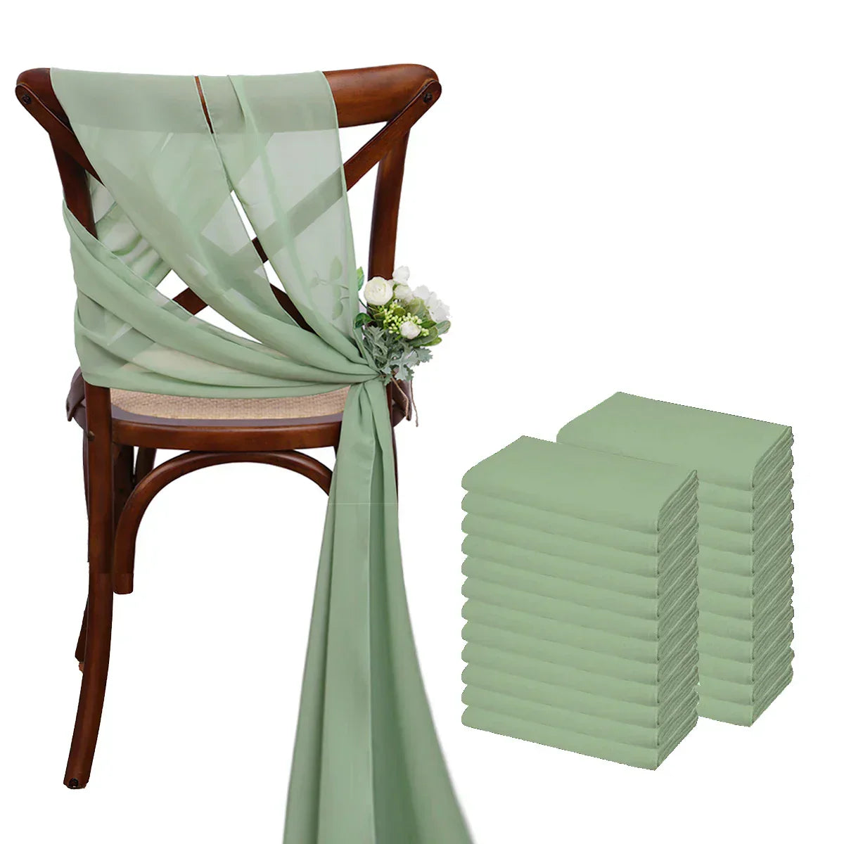 (Pack of 24) 17x275cm Chiffon Chair Sashes 12 Set Sage green Chair Sash Wedding Chair Covers Ribbon Wedding Party Aisle Chair Decor