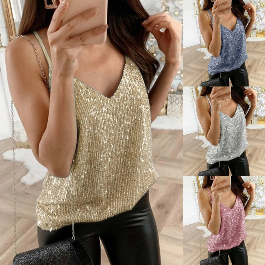 Plus Size Womens Glitter Strappy Tank Tops Ladies Sexy Cami Swing Vest Clubwear