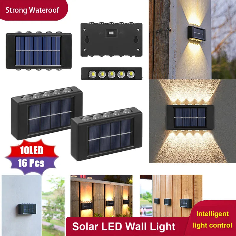 (Pack of 16) Solar Wall Light Warm Light Up and Down Auto Working 10LED Texture Black Shell House/garden/porch Lighting Light
