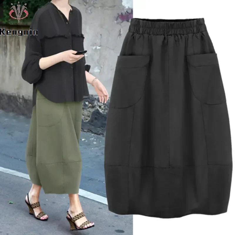 Plus Size 2023 Autumn 4XL Loose Women's Skirt Casual Big Pockets Lady Skirts Elastic Waist Female Bottom Clothing Skirts KT109