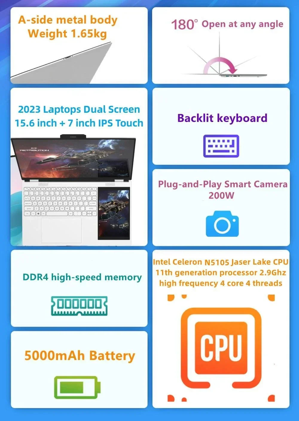 New Arrivals Dual Screen Laptop INTEL N5105 N95 16G DDR4 - 1TB SSD 15.6" IPS 2K Screen+7" Touch LCD PC Portable Notebook