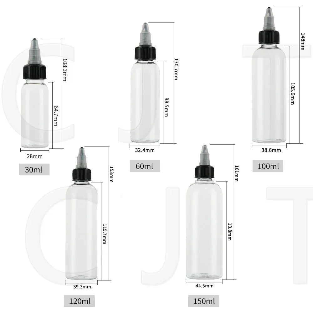 (Pack of 30) 30ml 60ml 100ml 120ml 150ml Plastic Empty Ink Vial Twist Top Black Cap Transparent Clear Bottle Tattooing Accessories