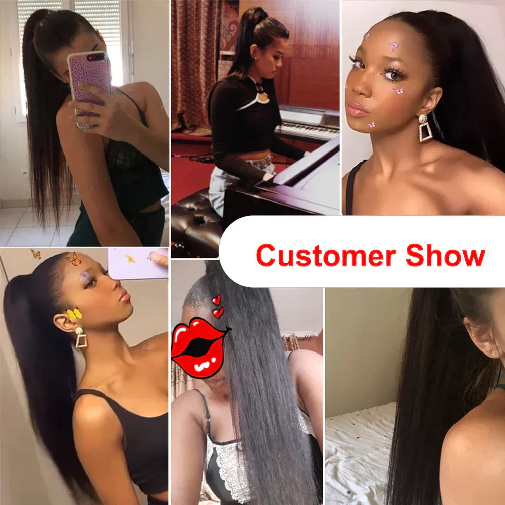 Straight Ponytail Extensions Human Hair Newmi Natural Black Drawstring Ponytail Human Hair Extension for Women 100-130g/pc