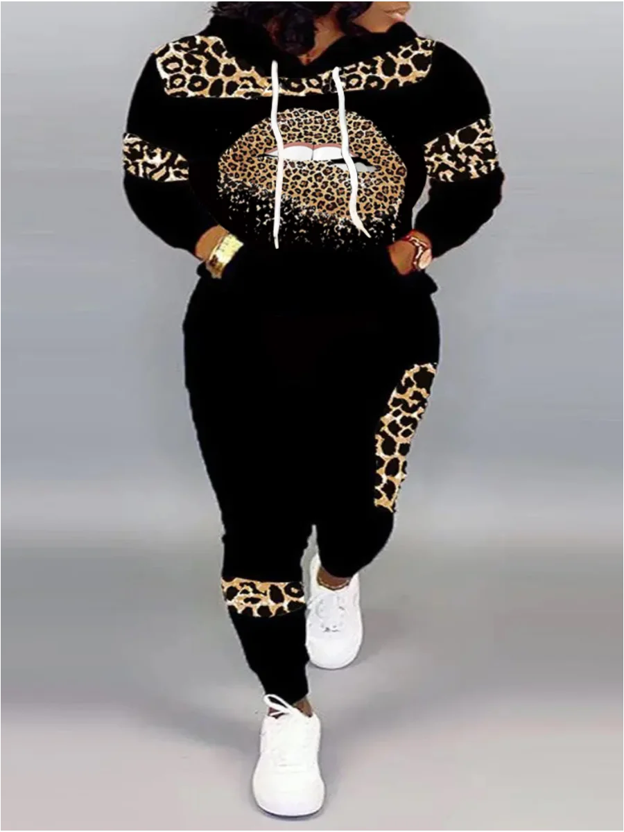 LW Plus Size Autumn Women Long Sleeves Two Pieces Hooded Collar Leopard Print Tracksuit Set Sweatshirts Pullover Hoodies Pant