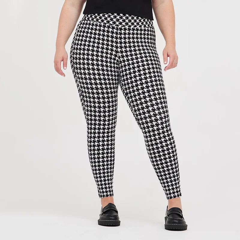 Plus Size Houndstooth Print Summer Spring Leggings Women High Elastic Waist Skinny Pencil Pants Female Large Size Capri 7XL 8XL