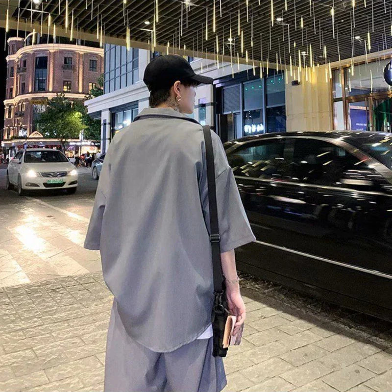 Summer Men's Sets Half Sleeve Blazer Suits Solid Short Sleeve Button Shirt + Shorts Korean Handsome Loose 2 Piece Set Outfits