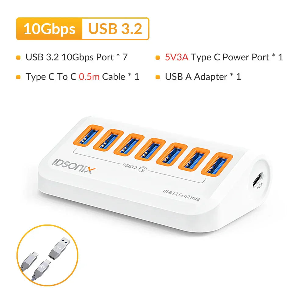 IDsonix USB Splitter USB 3.2 Hub 10Gbps Type C Adapter Multi Ports USB 3.0 Docking Station Hub for Surface Macbook Laptop PC Hub