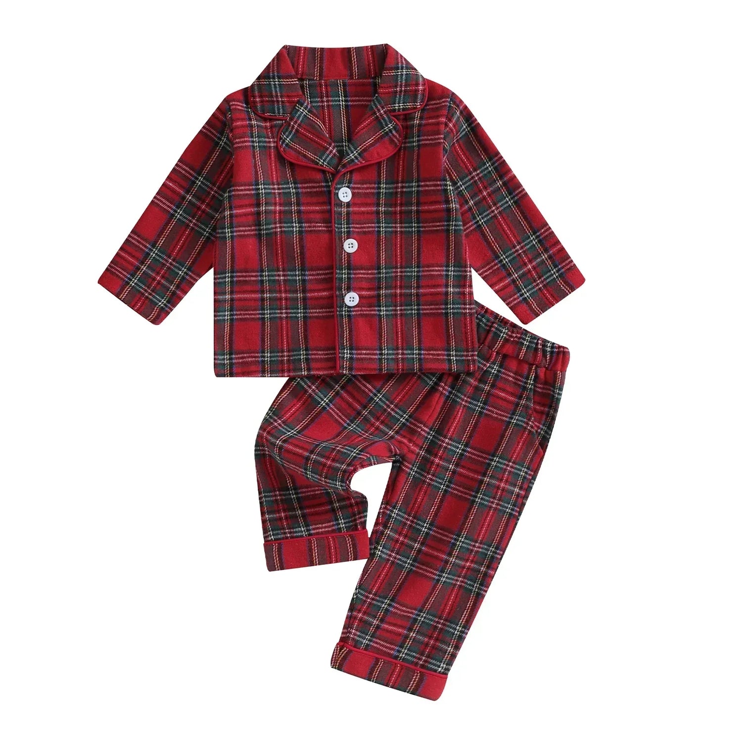 (Pack of 2) Christmas Kids Girls Boys Pajamas Set Loungewear Suit Plaid Button up Long Sleeve Shirt and Elastic Pants Toddler Sleepwear
