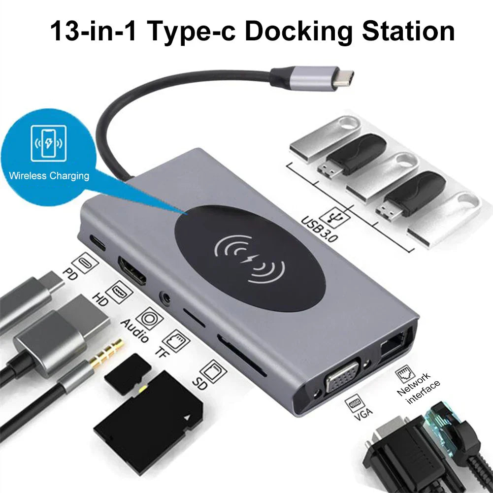 USB C HUB 20W Wireless Charging 1000M RJ45 Network Port USB 3.0 HUB Dock Station Type C to HDMI-compatible Adapter USB Splitter