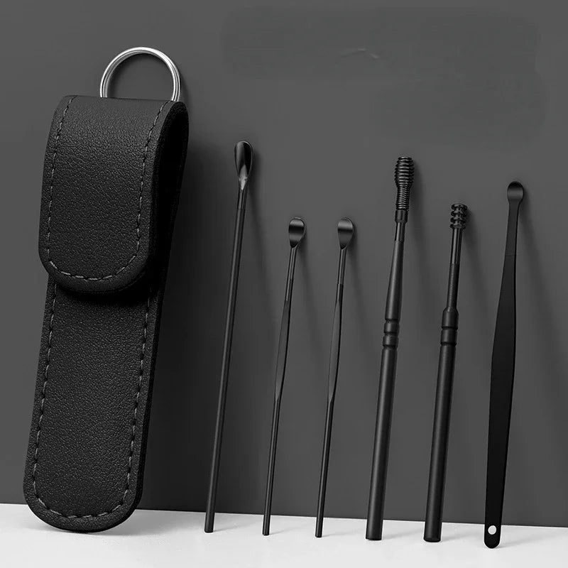 Stainless Steel Earpick Storage Leather Cover 6 Piece Set Spiral Earwax Cleaner