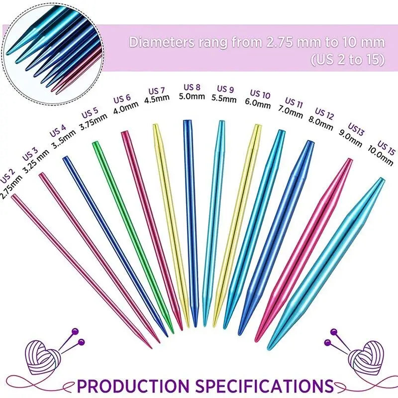 (Pack of 26) Aluminum Circular Knitting Needles Set Interchangeable 13Sizes Crochet Hooks Interchangeable Crochet Needles for Knitting