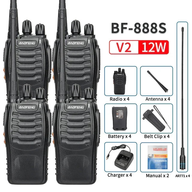 (Pack of 4) 2/ Baofeng BF-888S 12W Walkie Talkie Dual Band Portable Long Range Standby UHF 400-470MHz USB Ham Two Way Radio for Hunting